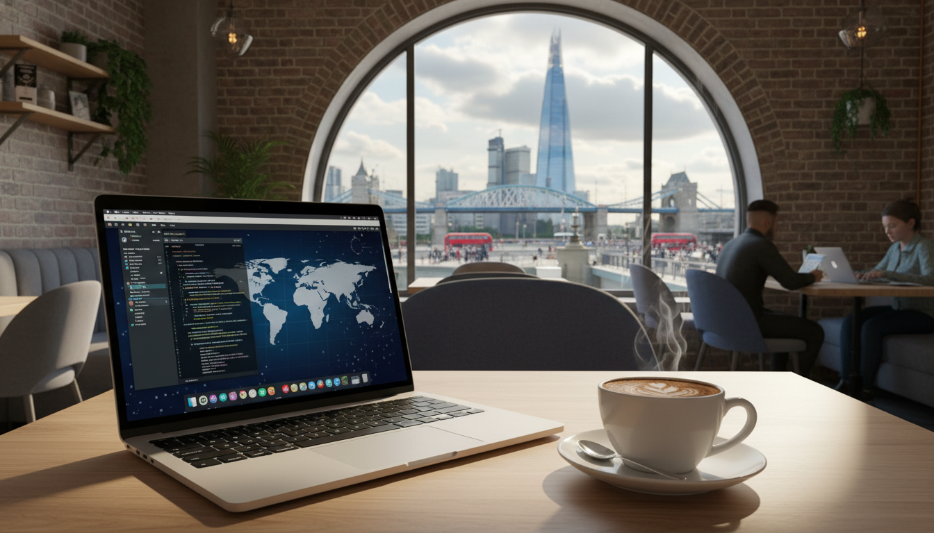 A photorealistic image of a modern laptop on a wooden desk in a bright London cafe, with a cup of coffee and a clear view of the Shard skyscraper and London Bridge through the window, professional and inviting atmosphere.