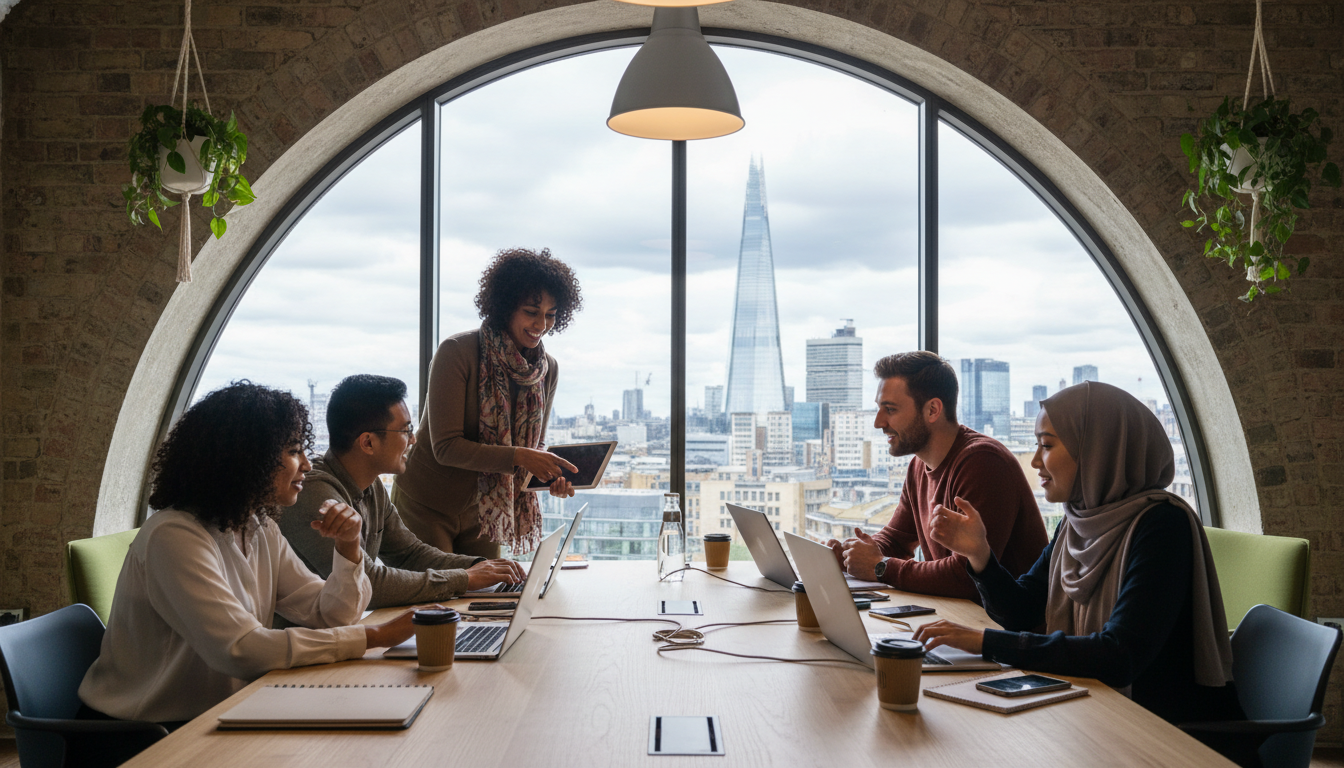 A diverse group of young entrepreneurs in a bright, modern London co-working space, collaborating over laptops with a view of the Shard through a large window, high-quality photography, natural lighting, cinematic feel.