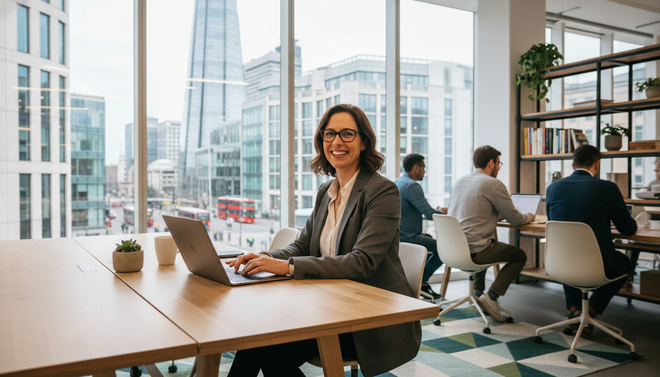 A professional expat entrepreneur sitting in a bright, modern London co-working space with a view of the Shard through the window, using a laptop and smiling, high-quality photorealistic style.