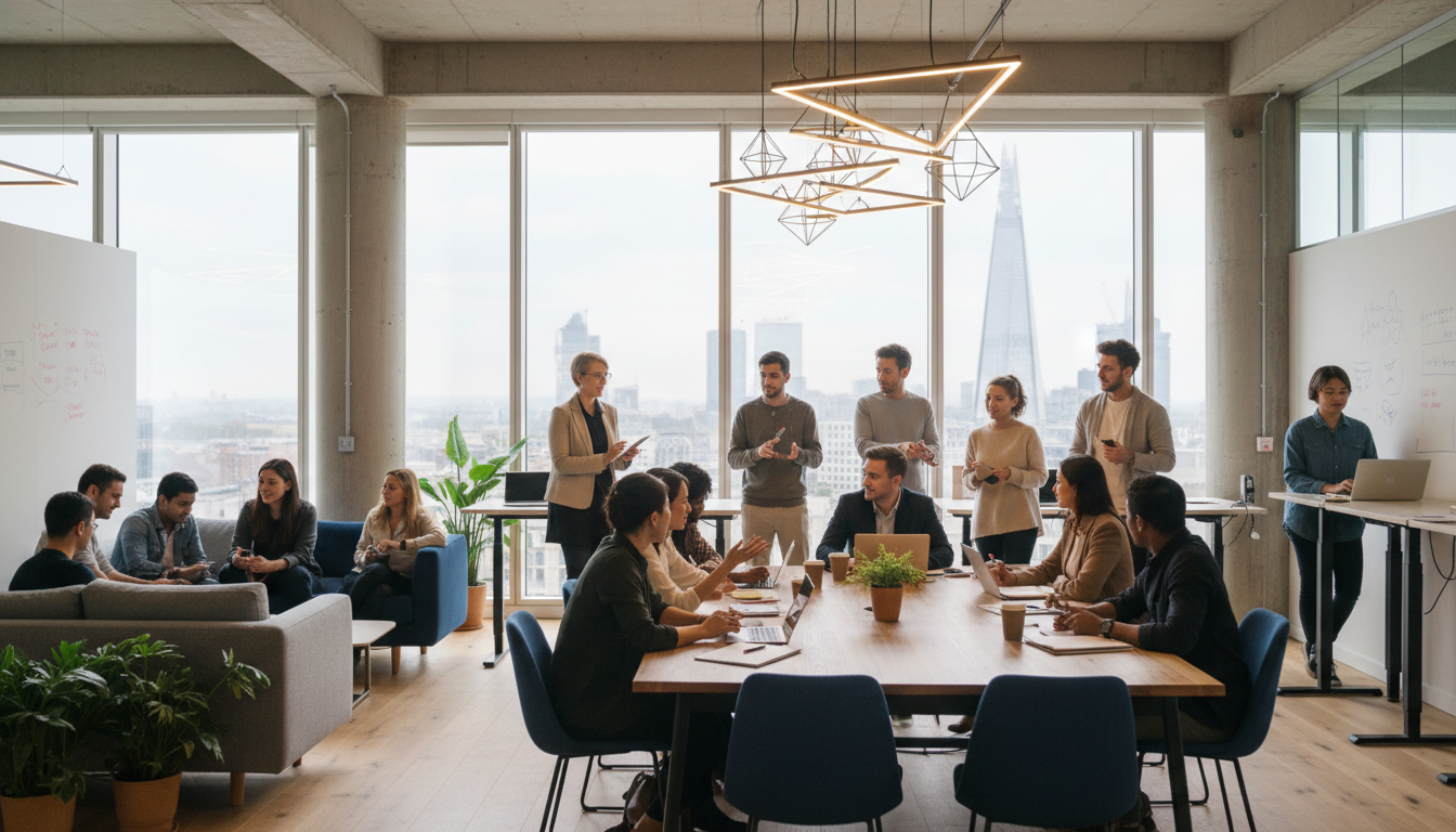 A modern and bright co-working space in London with a diverse group of young professionals collaborating, large windows showing a blurry city background, photorealistic, 8k resolution, cinematic lighting.