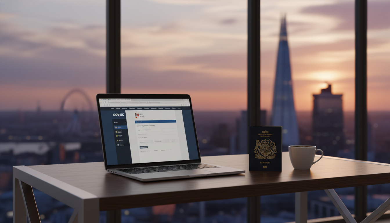 A high-quality photorealistic image of a sleek, modern office desk featuring a laptop showing a UK registration website, a passport, and a cup of coffee, with a blurred view of the London skyline and the Shard in the background through a large window during sunset.