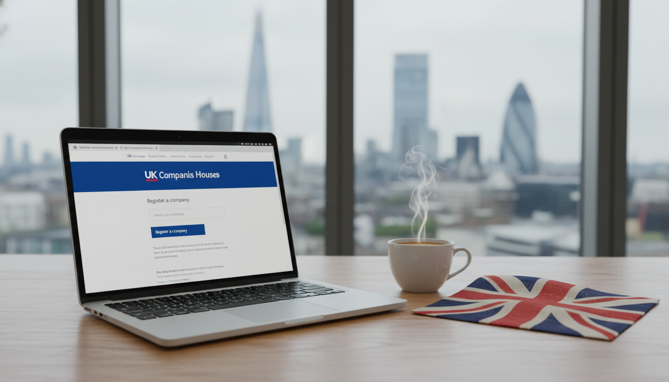 A high-quality, photorealistic shot of a modern laptop on a clean wooden desk. The laptop screen displays the official UK Companies House registration portal. Next to the laptop is a steaming cup of coffee and a small decorative Union Jack flag, with a blurred London cityscape visible through a window in the background.