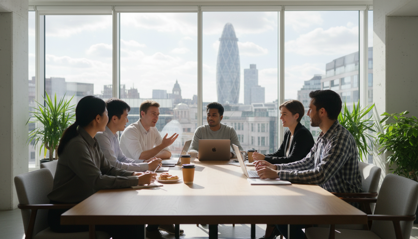 A diverse group of young entrepreneurs having a casual business meeting in a bright, modern co-working space in London with large windows showing the Gherkin building in the background, photorealistic style, cinematic lighting.