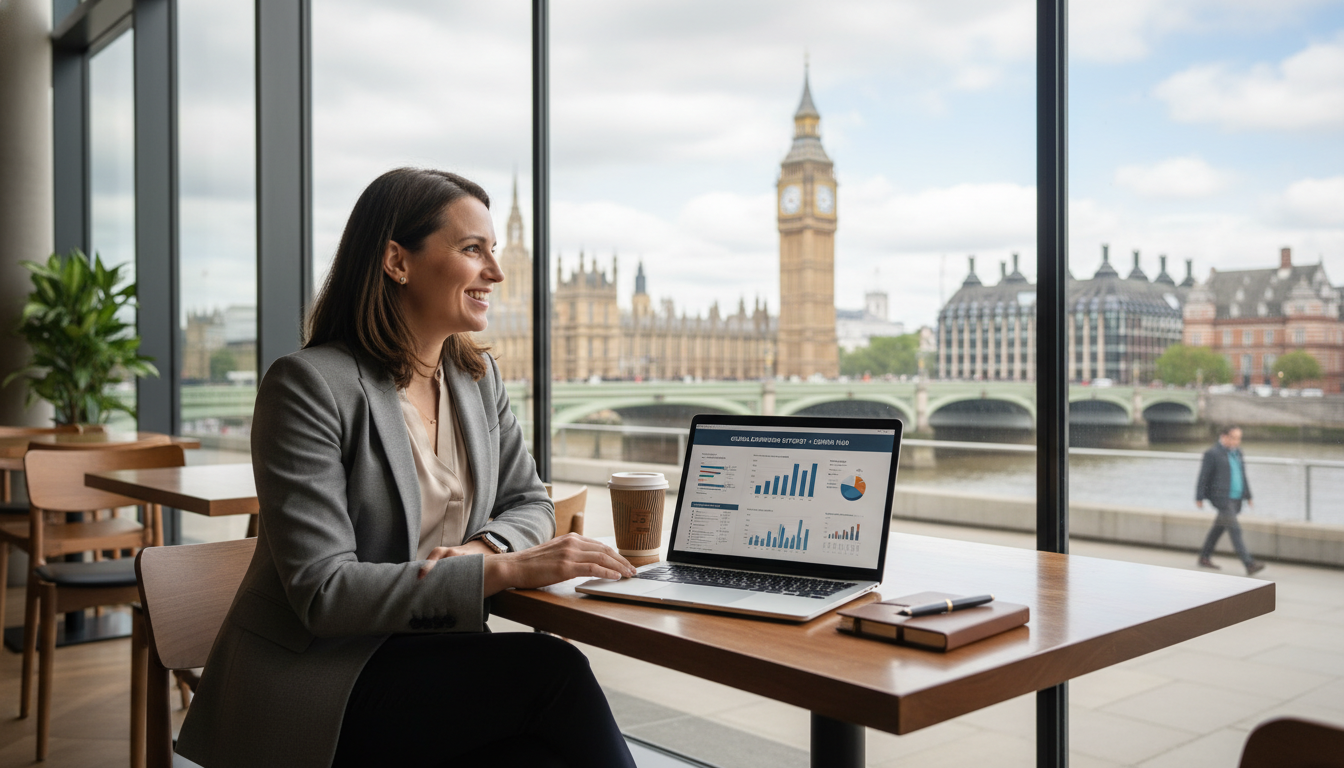 A professional expat sitting in a modern London cafe with a laptop, looking at the Big Ben through the window, smiling and working on a business plan, photorealistic style, high resolution, soft natural lighting.