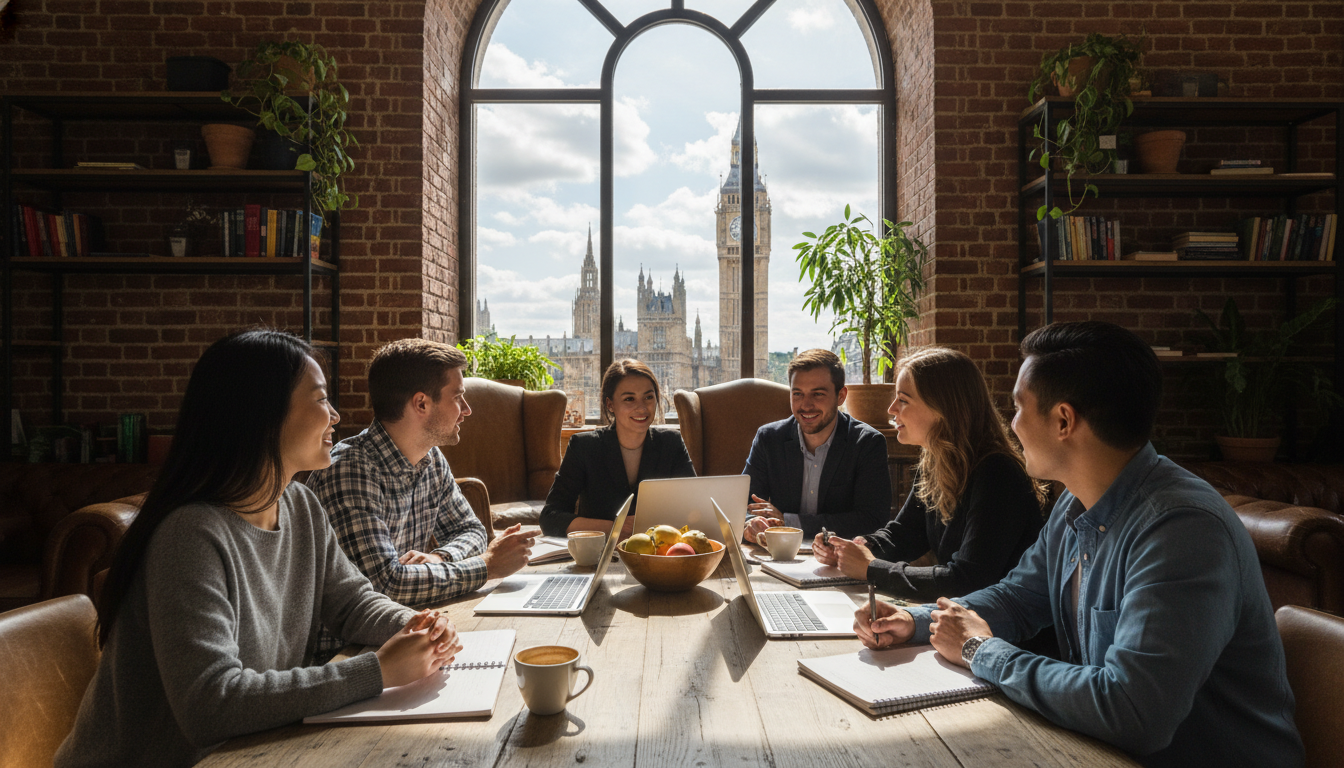 A diverse group of young entrepreneurs in a bright and cozy London cafe discussing business plans over coffee and laptops, with a view of Big Ben visible through a large window, high resolution and photorealistic.