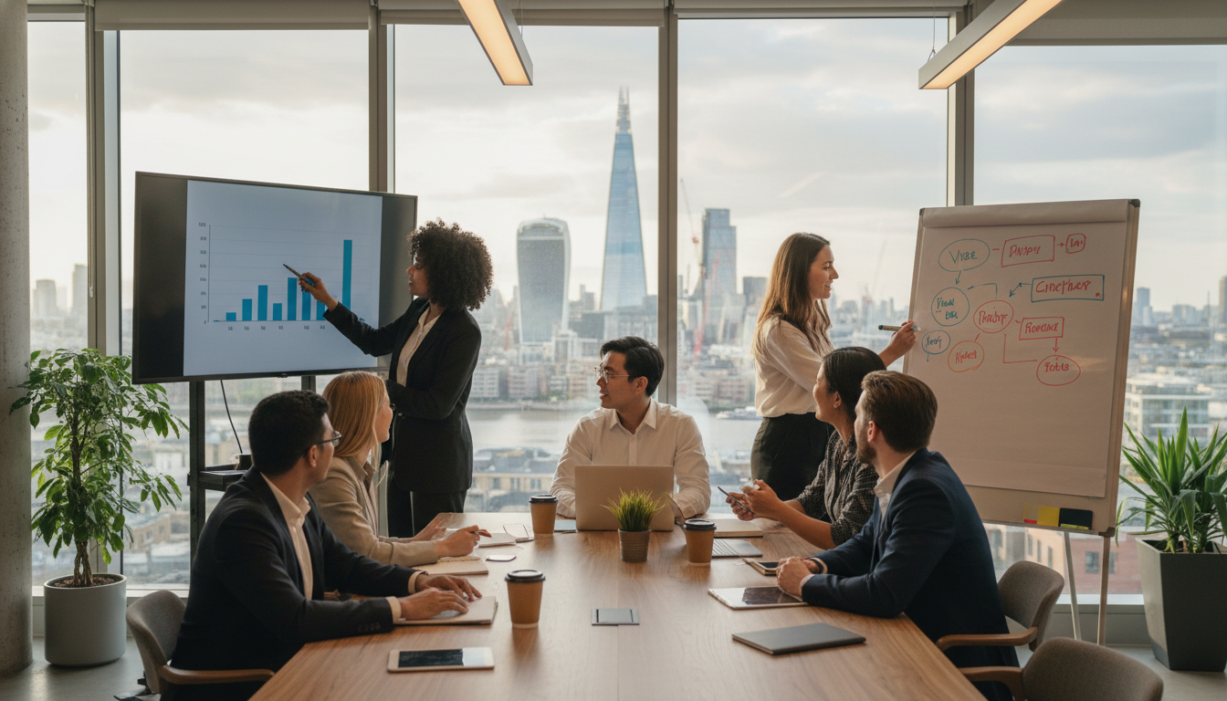 A diverse group of young entrepreneurs collaborating in a modern, bright London co-working space with large windows overlooking the city skyline, photorealistic, high resolution, soft natural lighting, high-end business photography style.